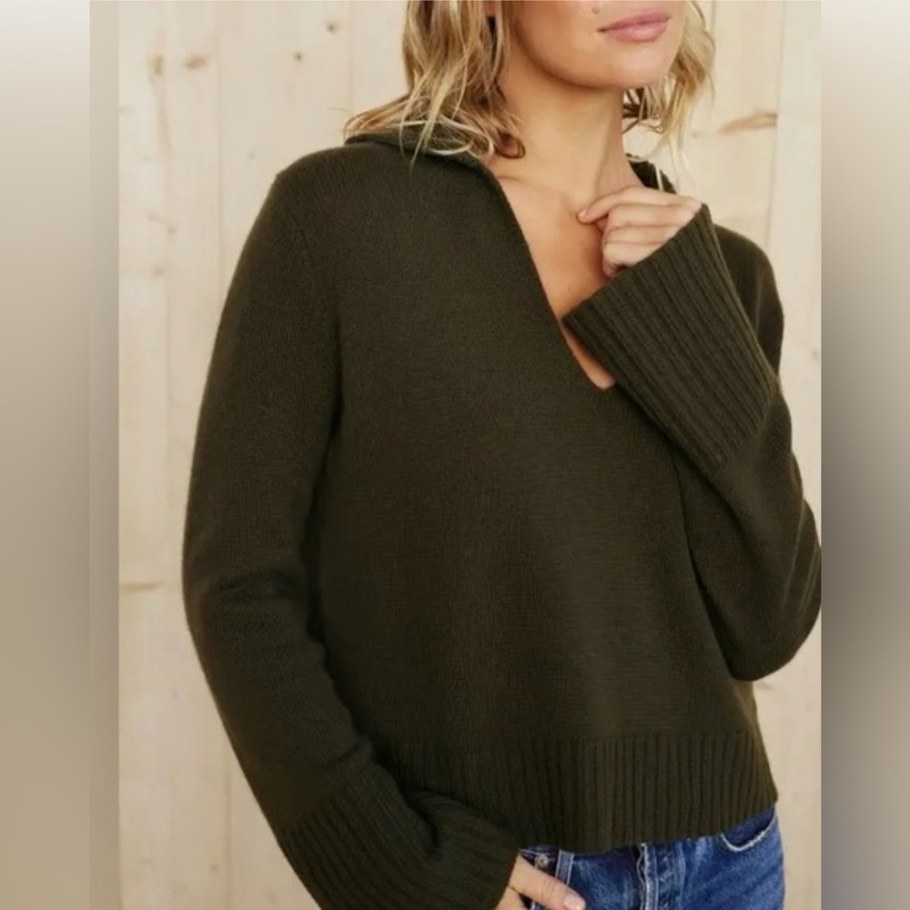 JENNI KAYNE Frances Polo 100% Cashmere Sweater (dark olive) XL MSRP $425